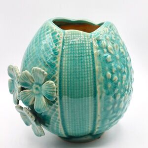 Vintage Boho Turquoise MCM Inspired Flower Power Multi-Textured Ceramic Vase